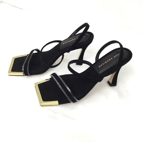 Good American Suede Strappy Heels Gold Square Toe Black Sz 6.5 - Picture 3 of 6